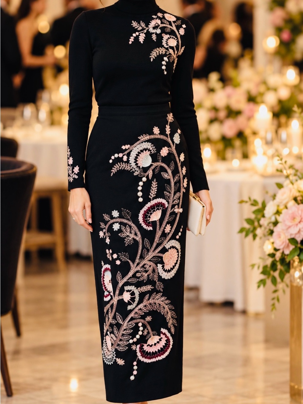 Linen blendEmbroidered Black Midi Skirt with Pink Floral Motif